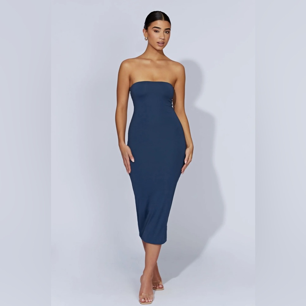 meshki emilee strapless midi dress